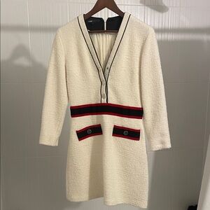 Maje Cream Long-Sleeve Dress with Red and Black Trim